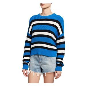 A.L.C. Matthews Pullover Sweater Cropped Crewneck Blue White Black Oversized XS‎
